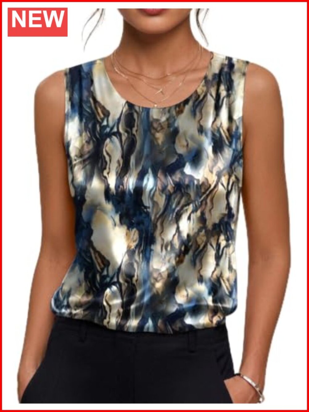 Silky Satin Sleeveless Tank Top Pleated Shoulder Blouse Dressy Summer